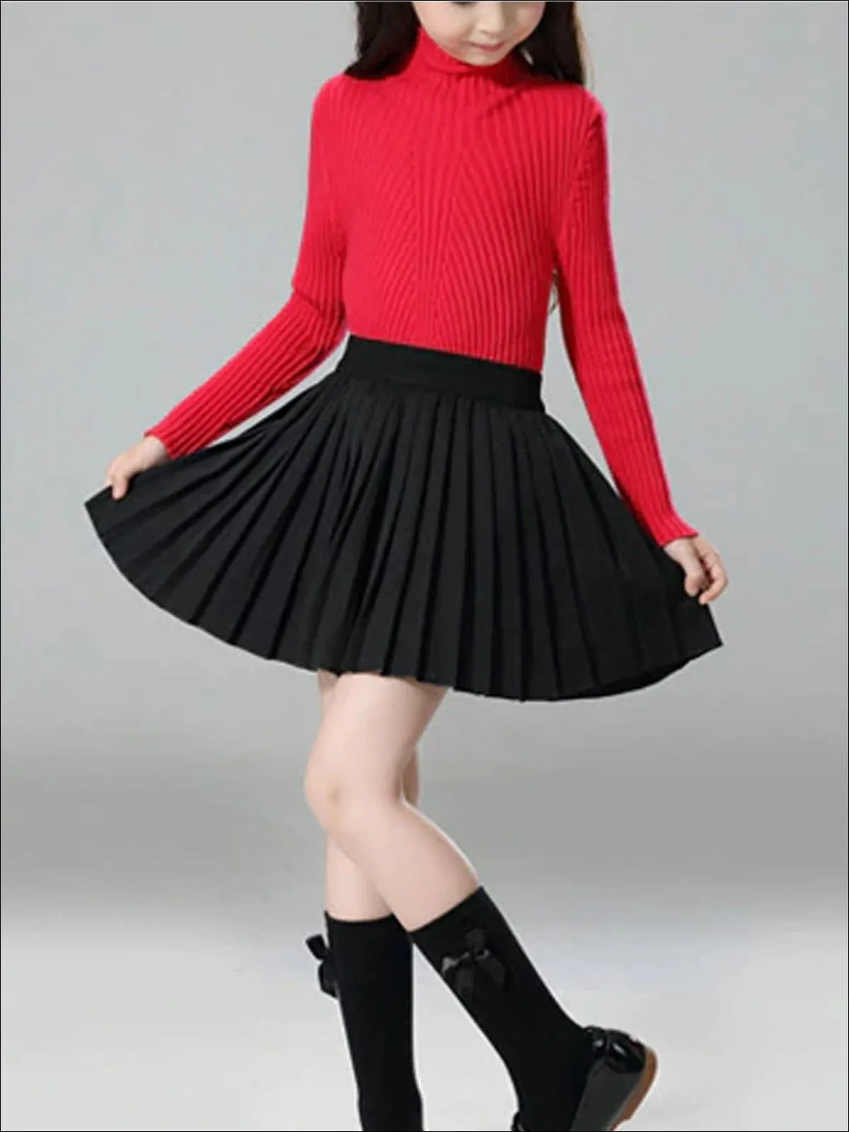 Girls Black High Waist Pleated Skirt