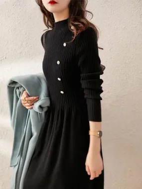 Grace Turtleneck Solid Color Knitted Sweater Dress-Black