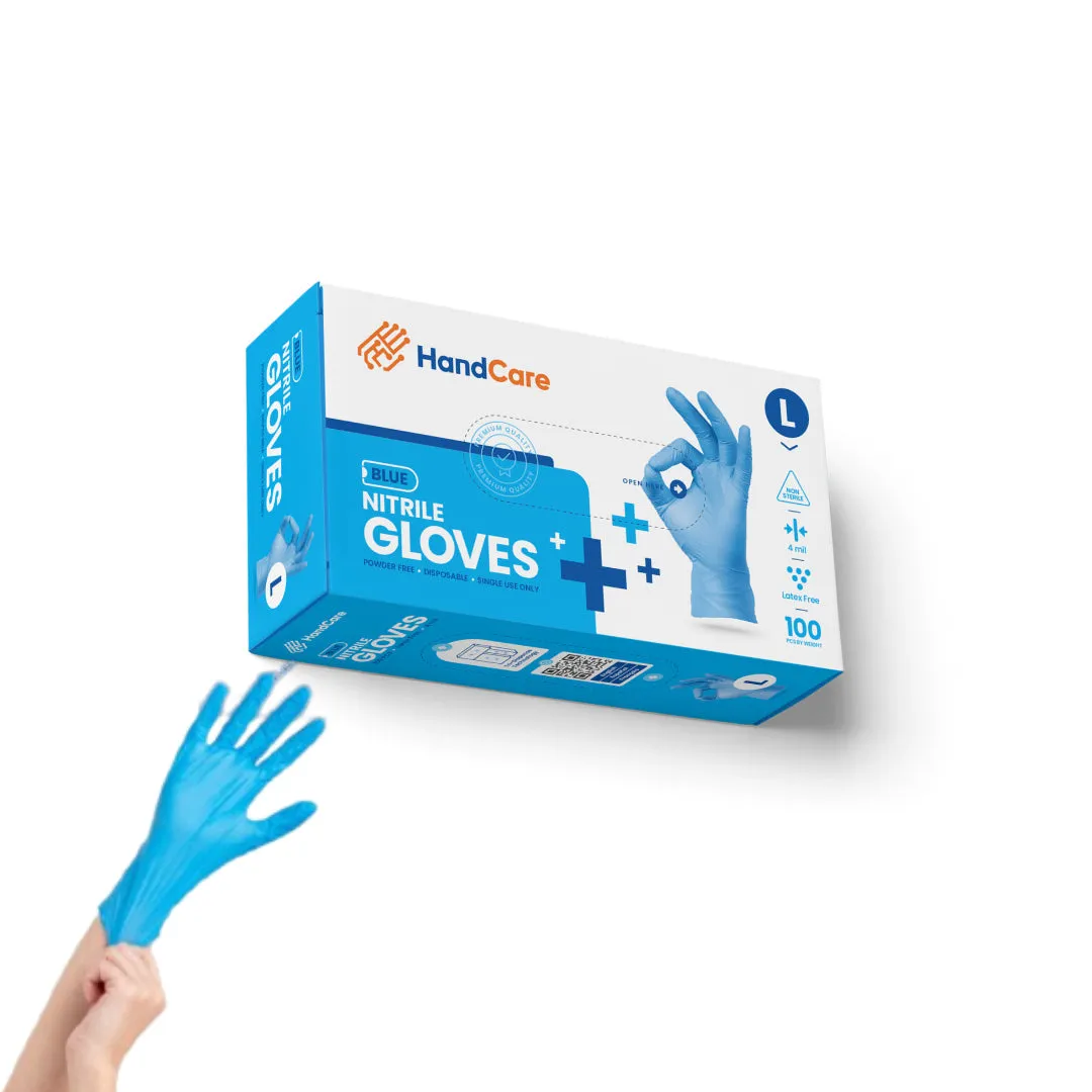 HandCare Blue Nitrile Gloves - Exam Grade, Powder Free (4 Mil), 100 Cases (Bulk)