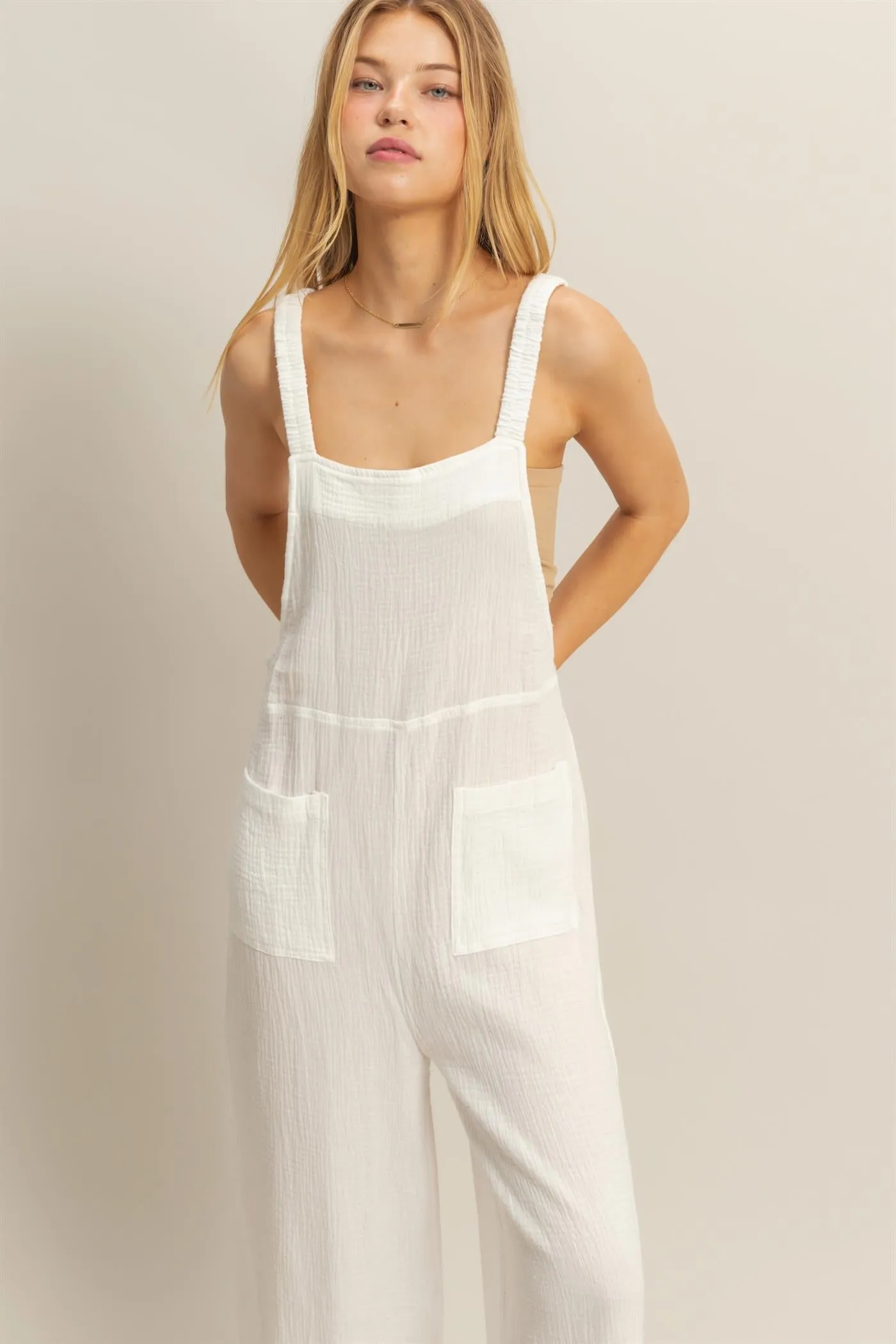 HF25C878-Double Gauze Pocket Overall Jumpsuit