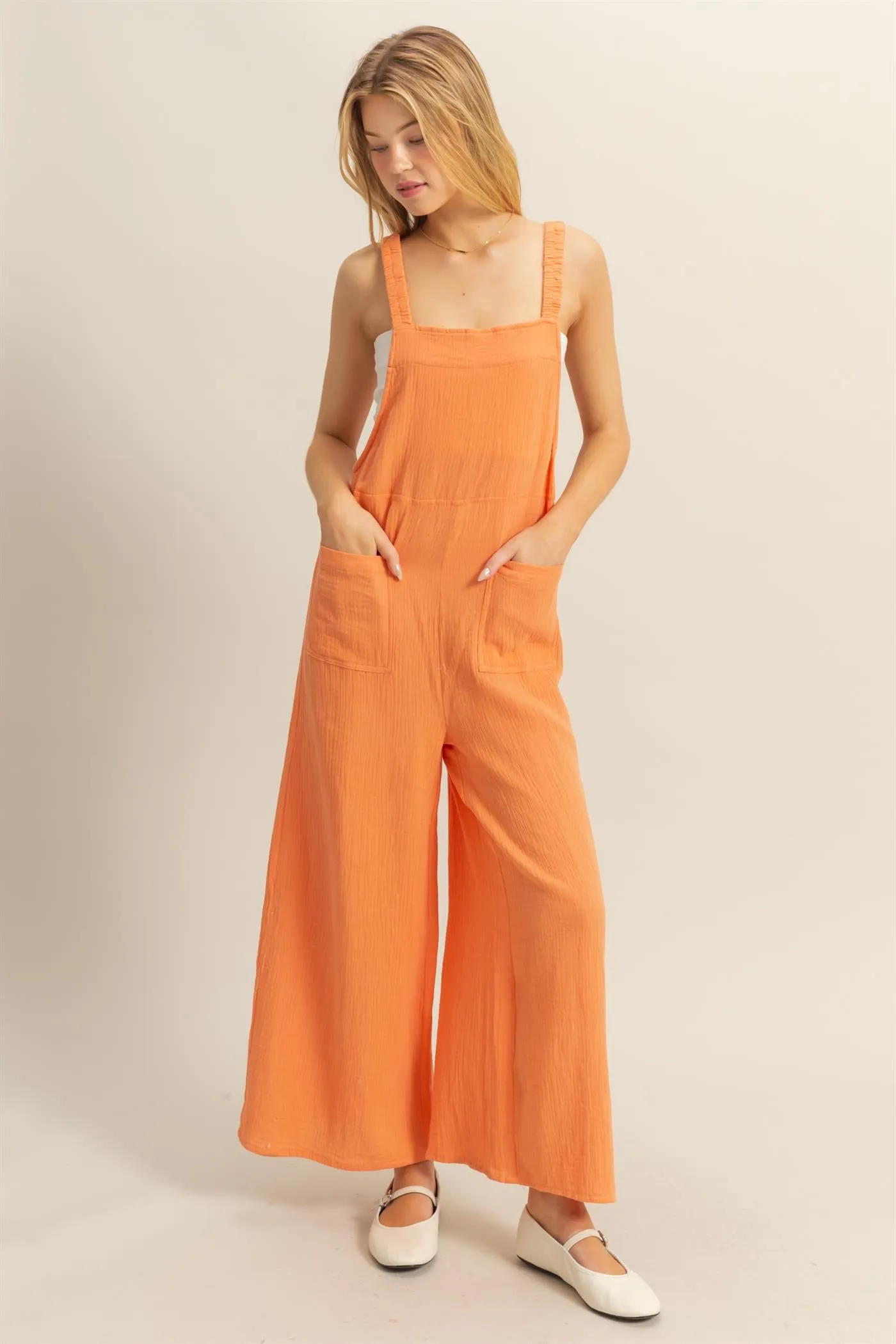 HF25C878-Double Gauze Pocket Overall Jumpsuit