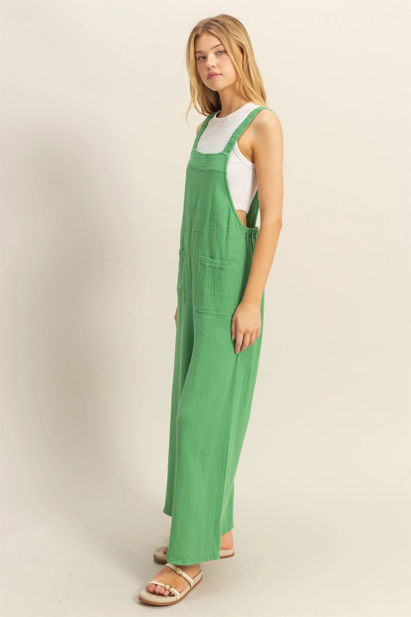 HF25C878-Double Gauze Pocket Overall Jumpsuit