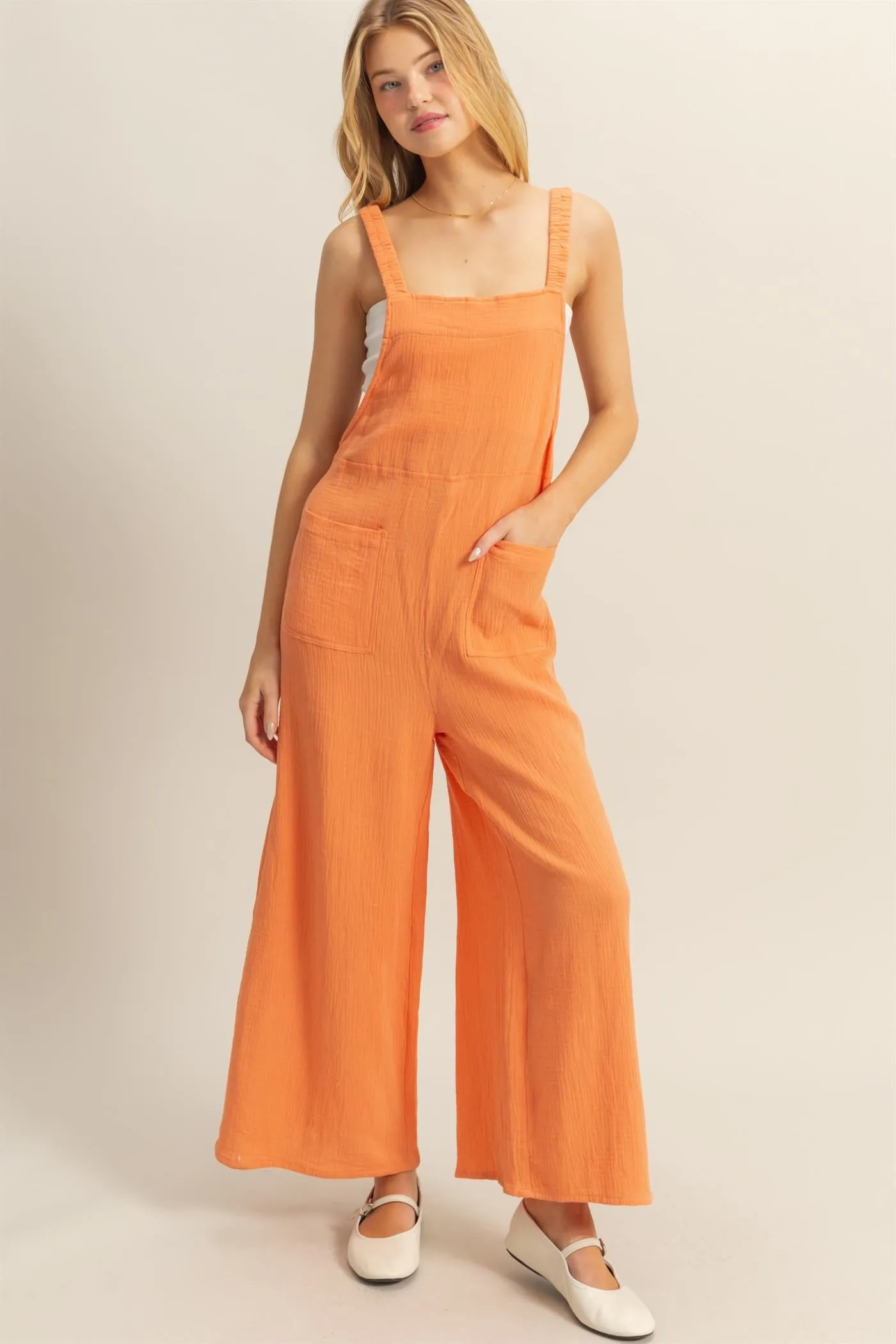 HF25C878-Double Gauze Pocket Overall Jumpsuit