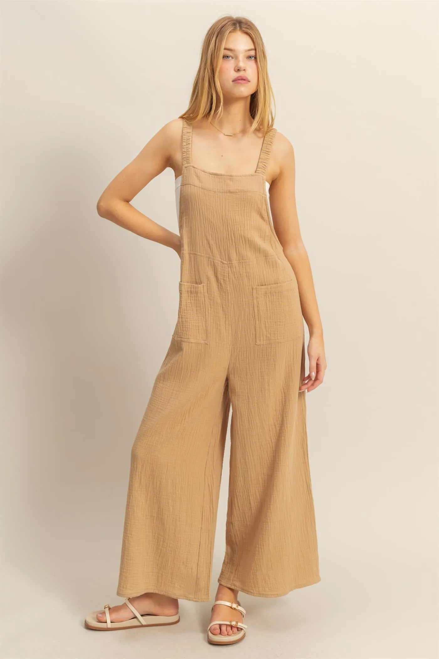 HF25C878-Double Gauze Pocket Overall Jumpsuit