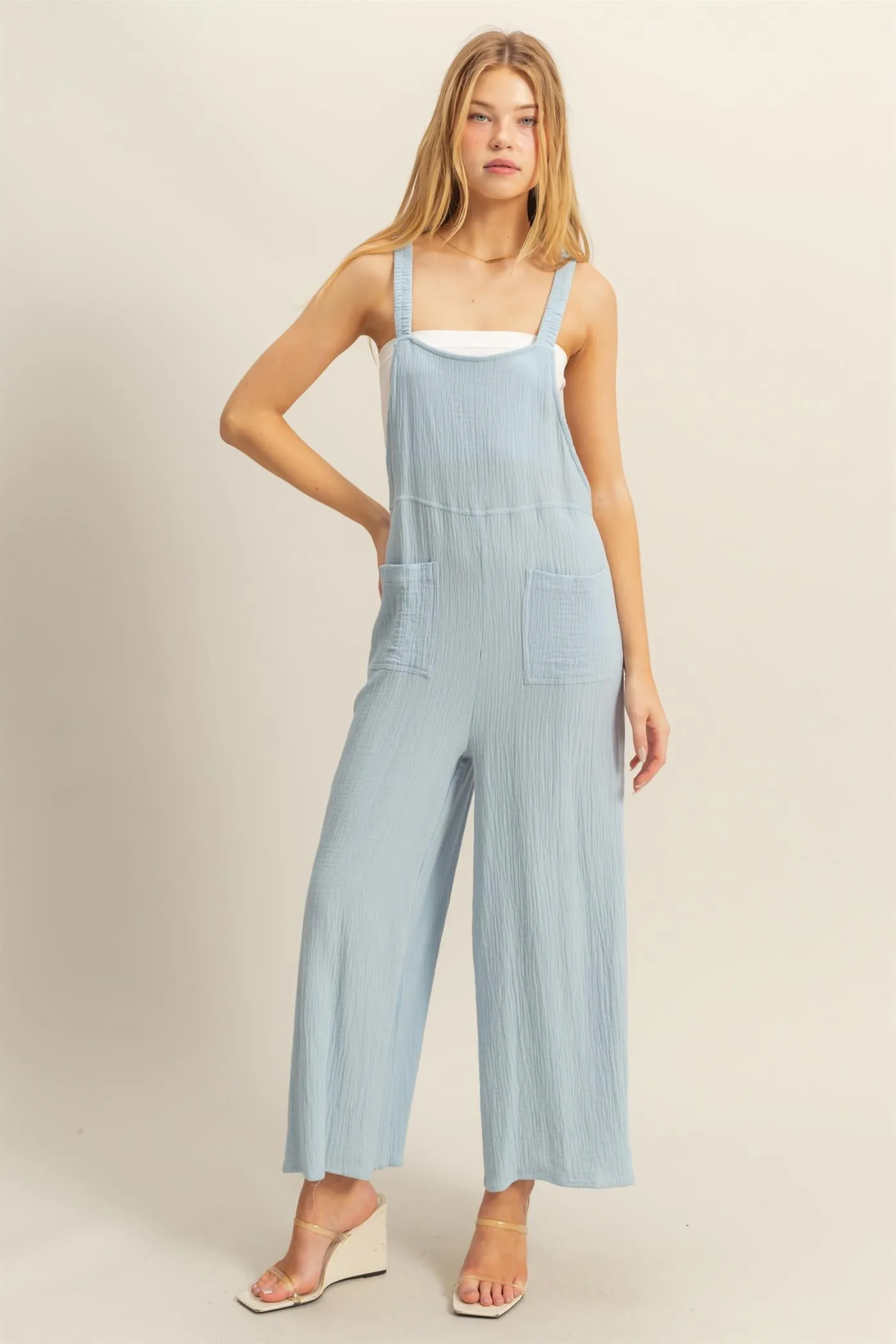 HF25C878-Double Gauze Pocket Overall Jumpsuit