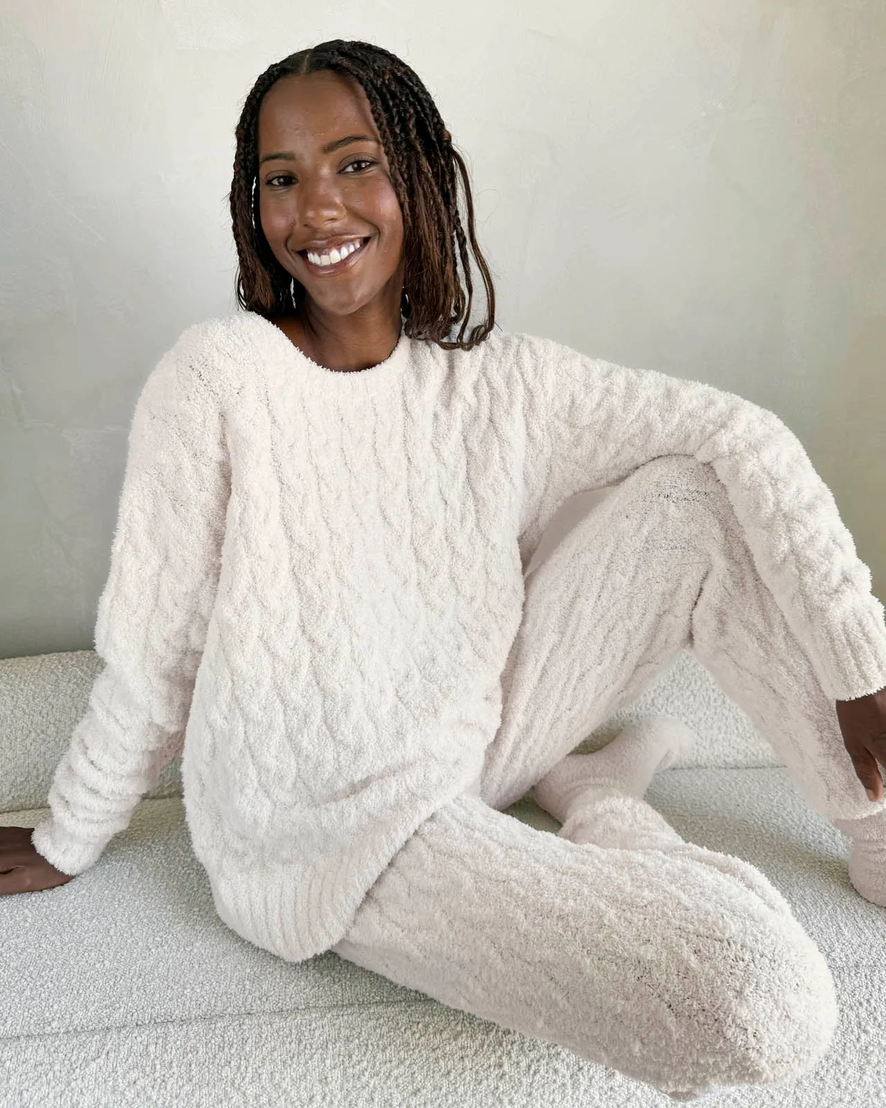 Ivory Fuzzy Cable Knit Sweater PJ Set