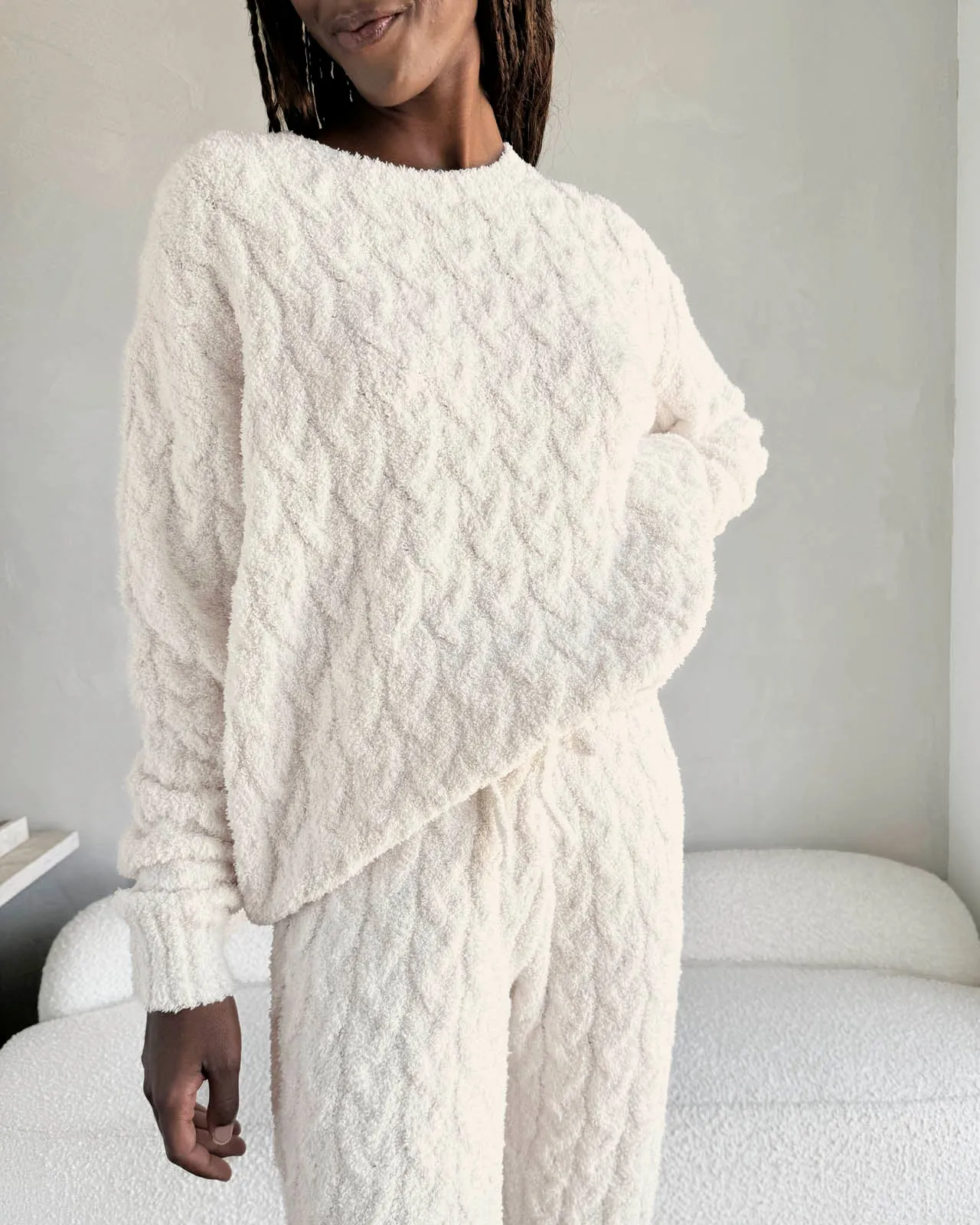 Ivory Fuzzy Cable Knit Sweater PJ Set