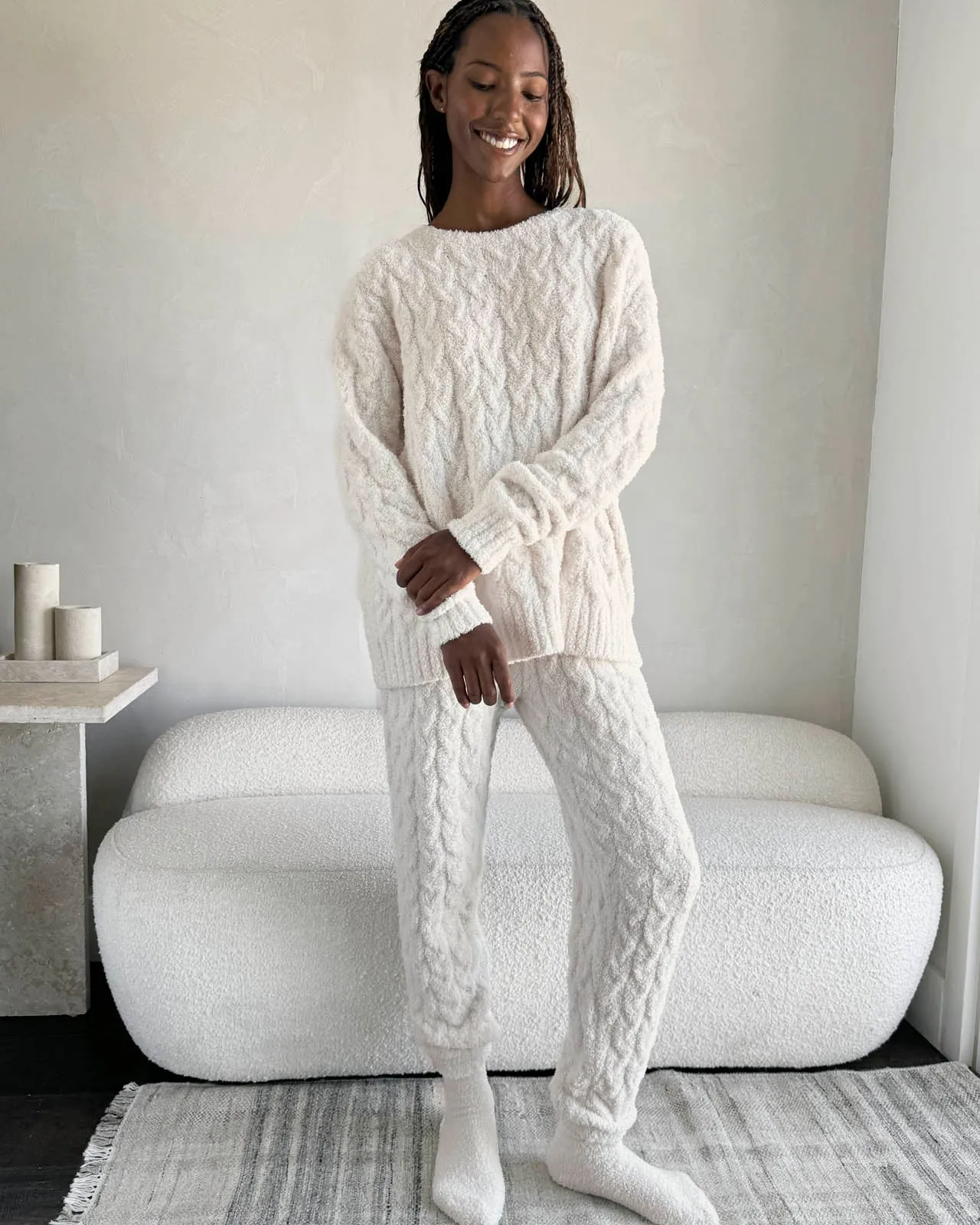 Ivory Fuzzy Cable Knit Sweater PJ Set