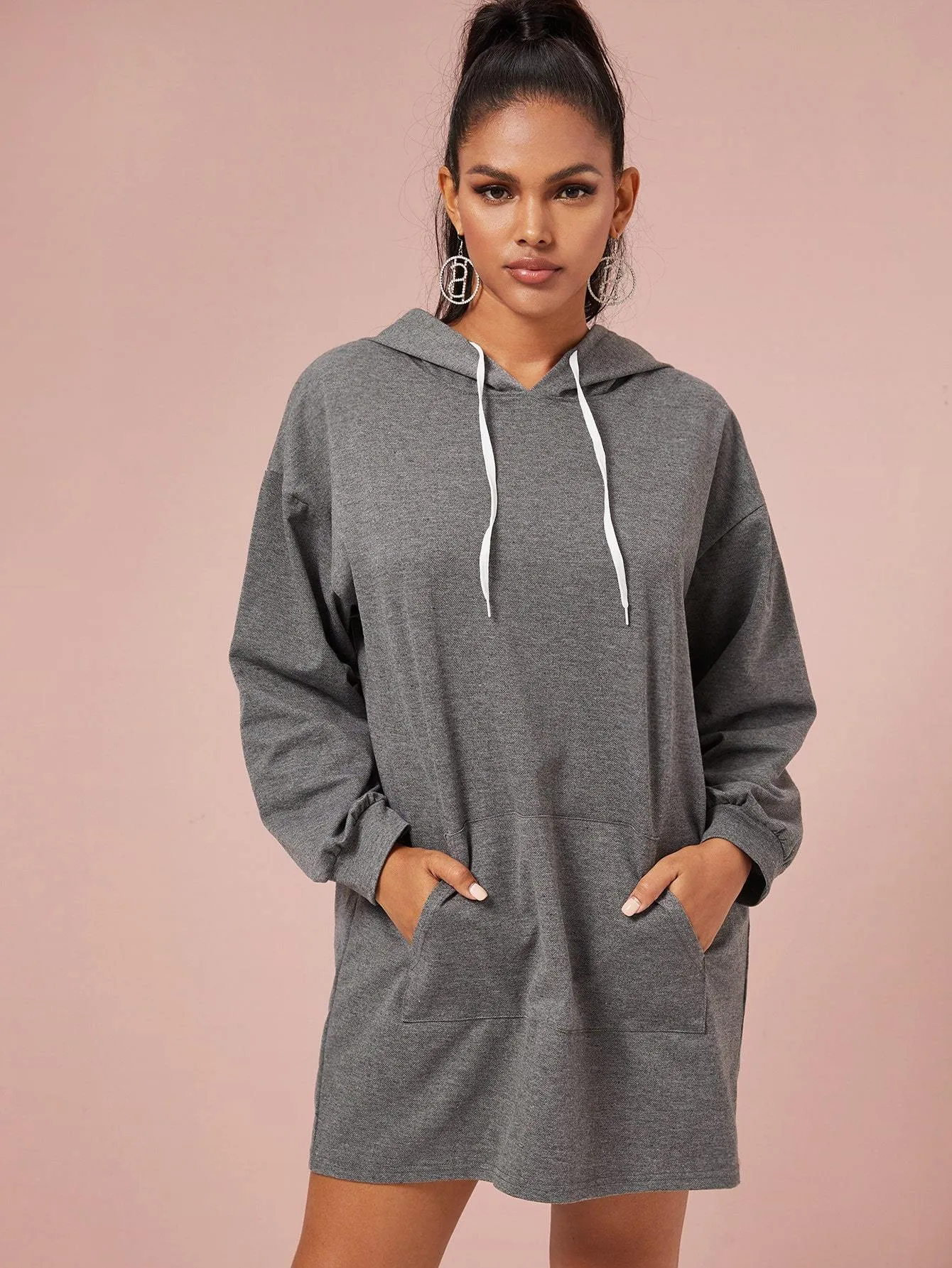 Kangaroo Pocket Drawstring Hooded Sweatshirt Dress