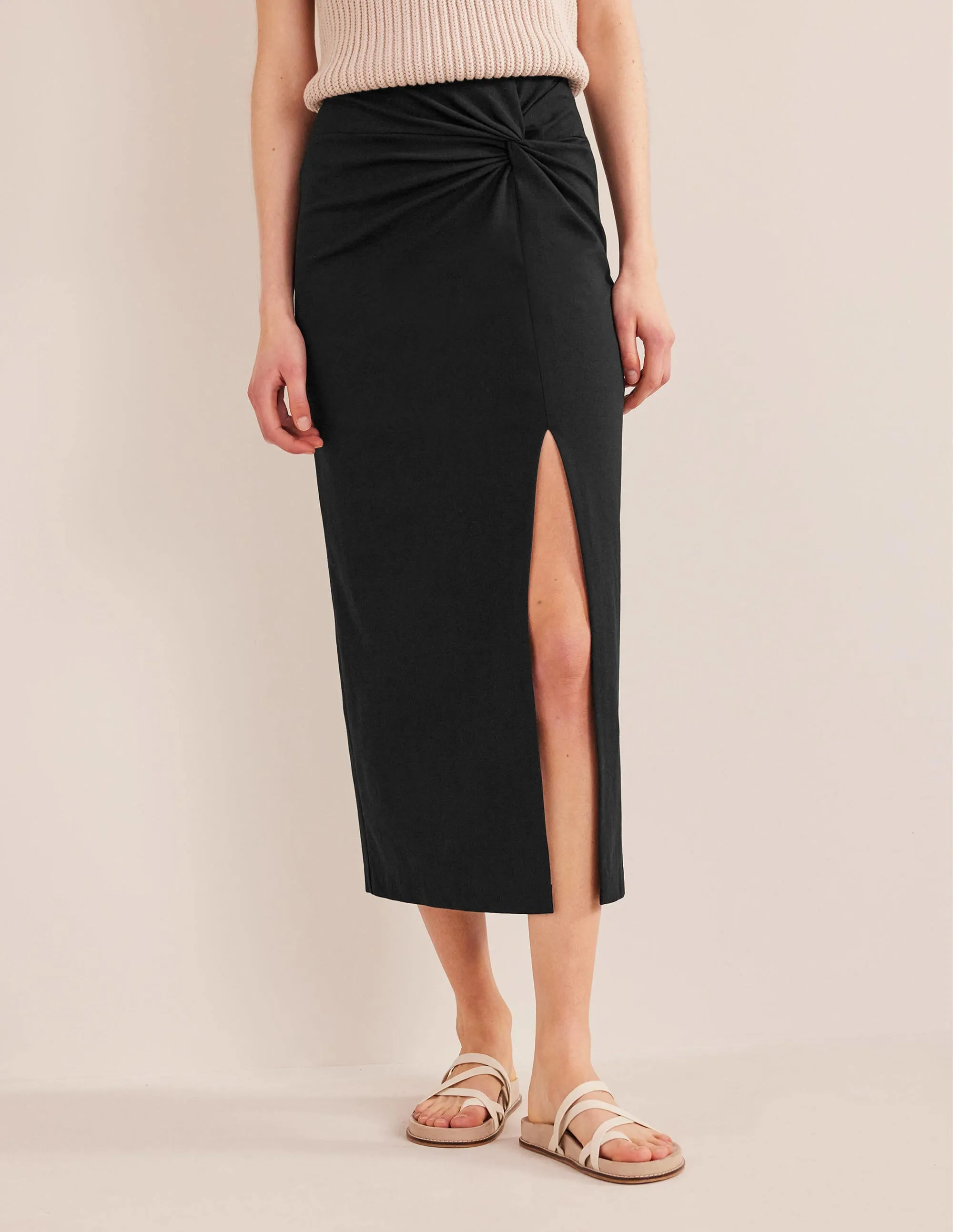 Knot Detail Jersey Midi Skirt-Black