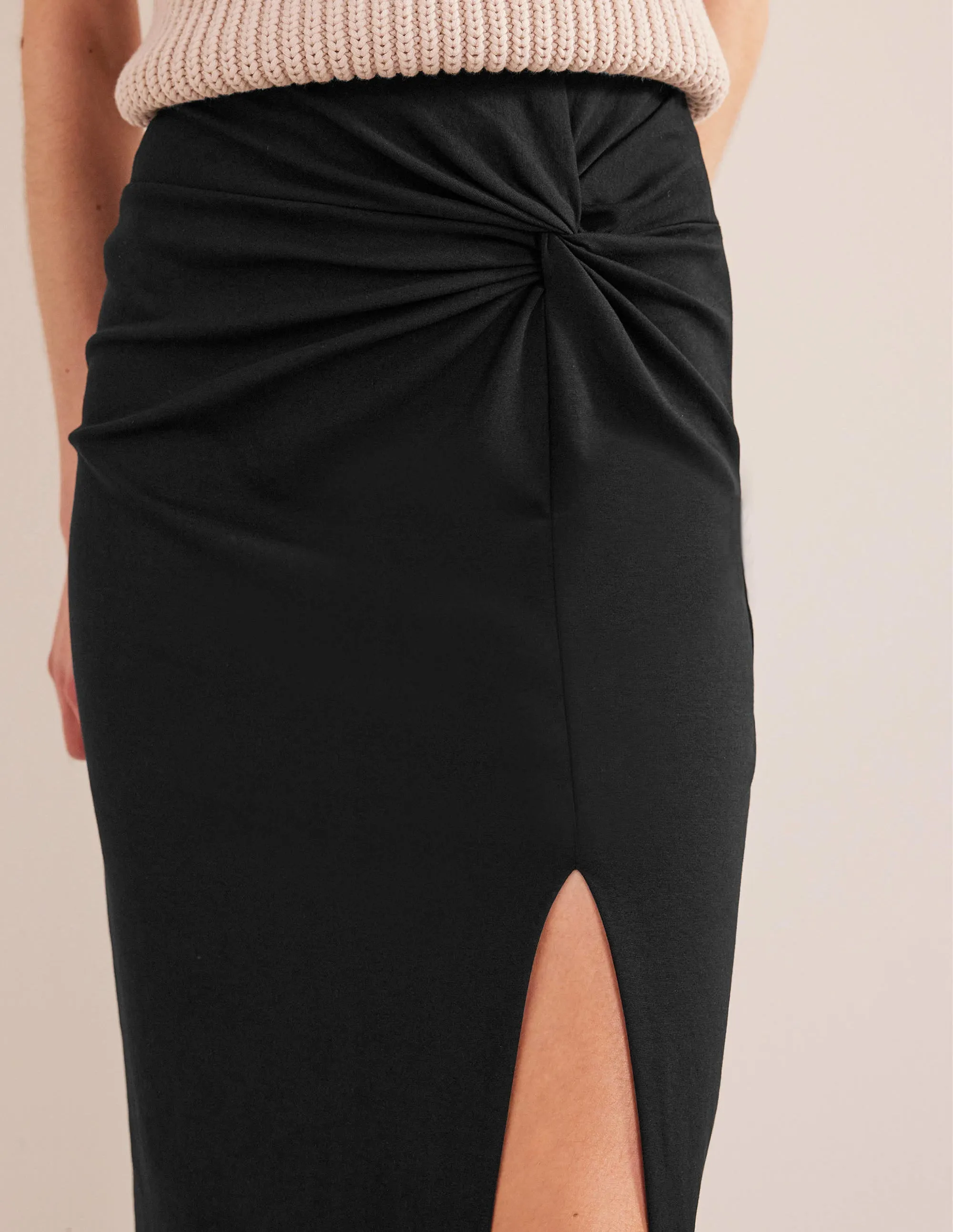 Knot Detail Jersey Midi Skirt-Black