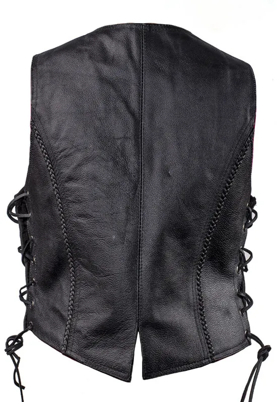 Ladies Cowhide Leather Club Vest Conceal Carry Pockets Side Laces