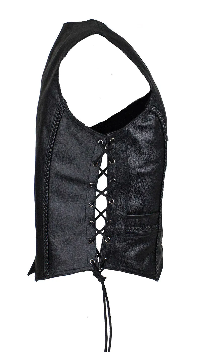 Ladies Cowhide Leather Club Vest Conceal Carry Pockets Side Laces