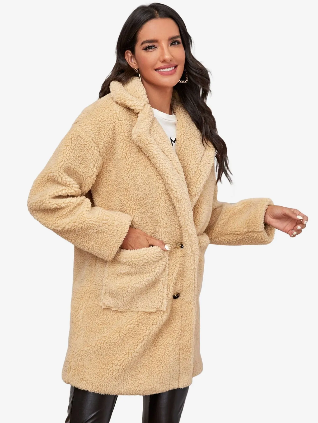 Lapel Collar Dual Pockets Teddy Coat