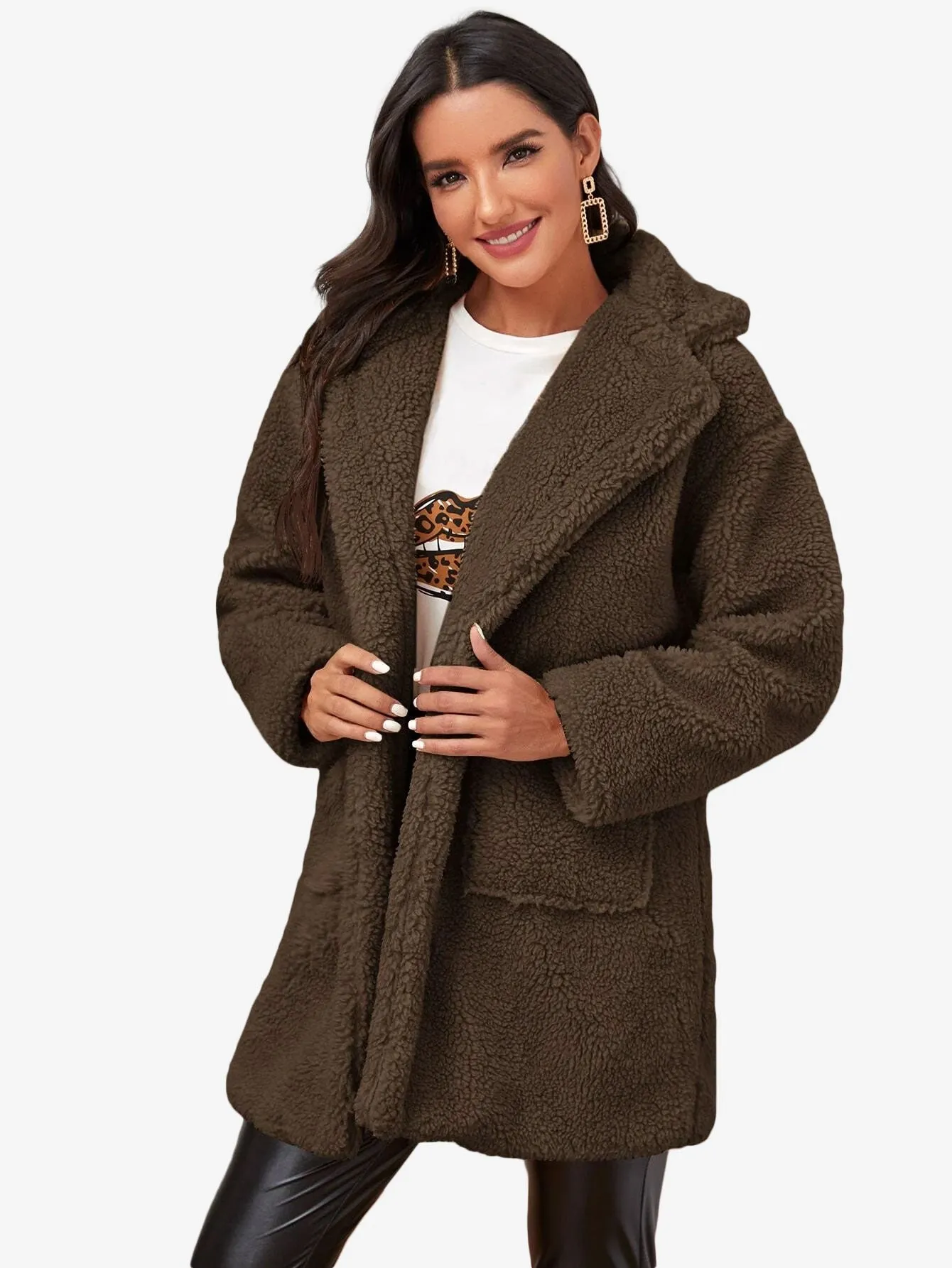 Lapel Collar Dual Pockets Teddy Coat