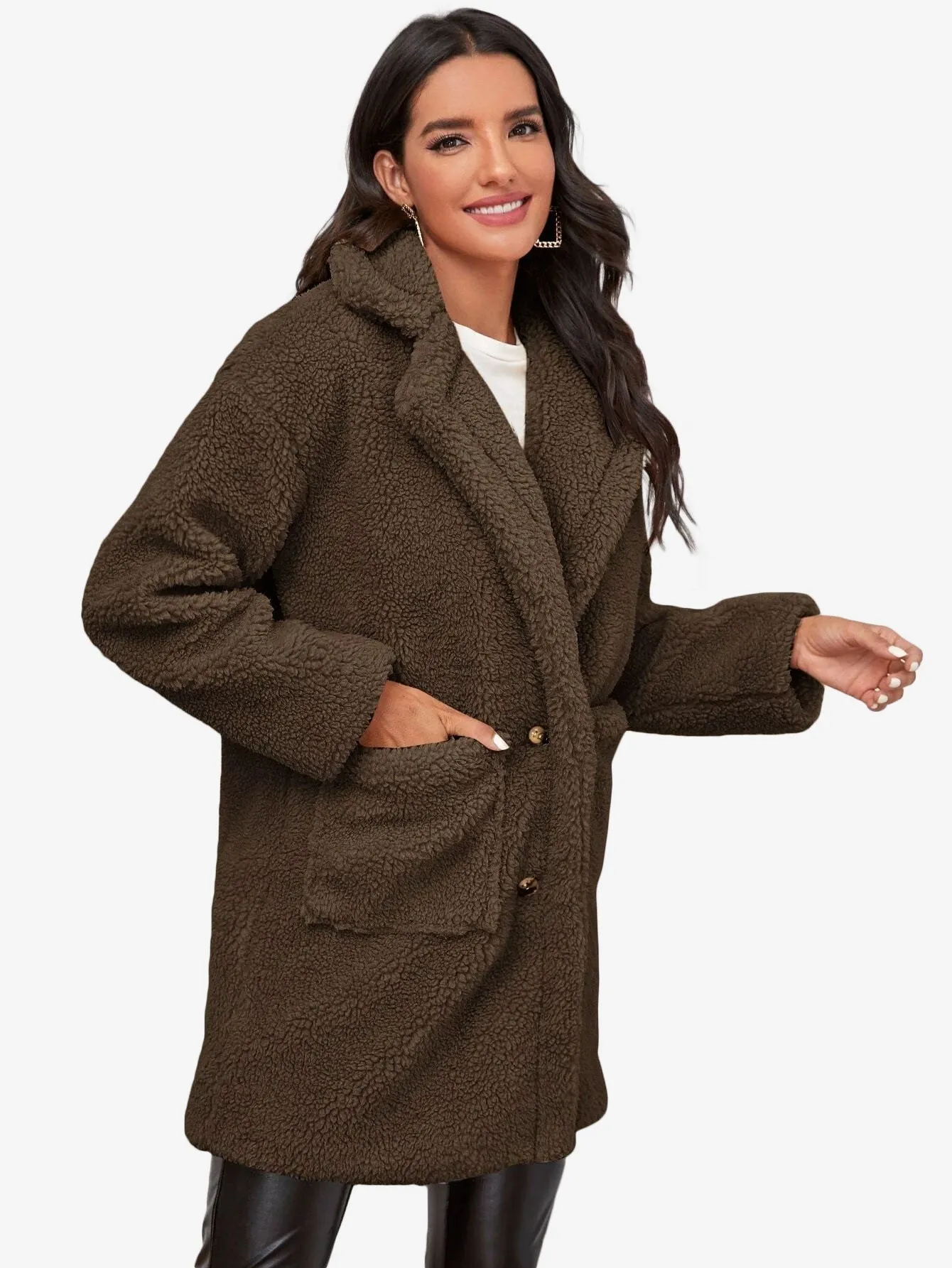 Lapel Collar Dual Pockets Teddy Coat