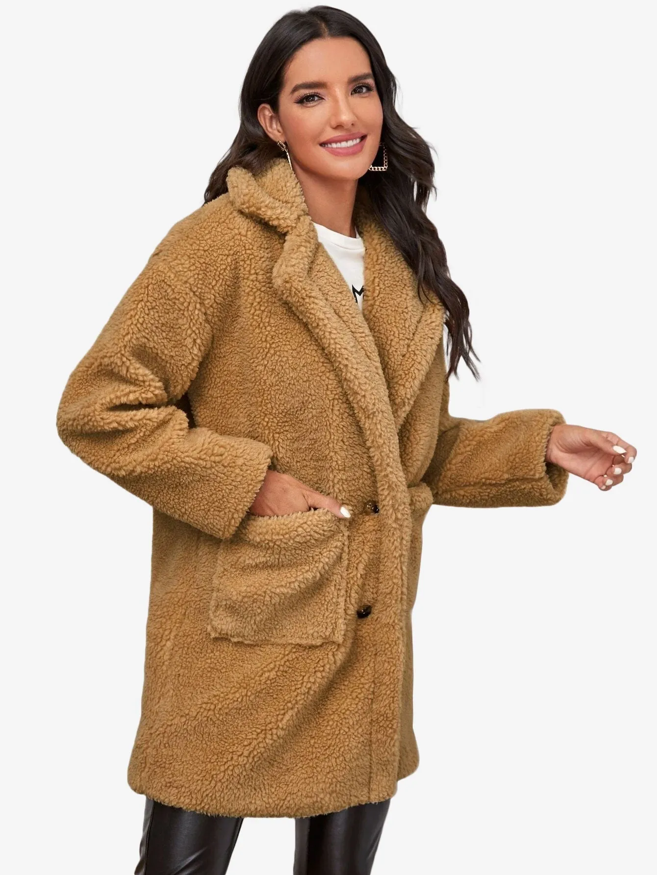 Lapel Collar Dual Pockets Teddy Coat