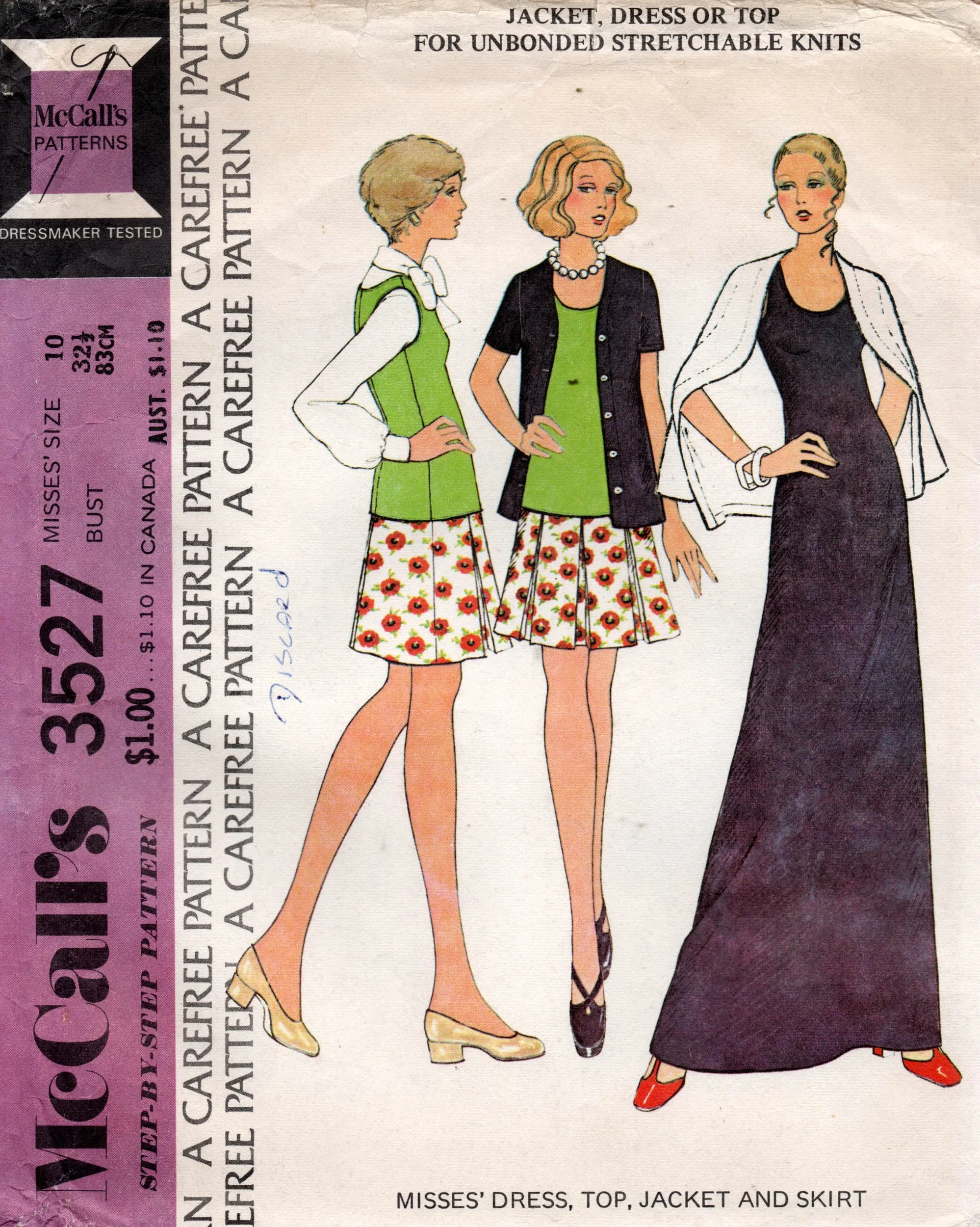 McCall's 3527 Womens Stretch Maxi Dress Top Cardigan & Skirt 1970s Vintage Sewing Pattern Size 10 Bust 32.5 Inches