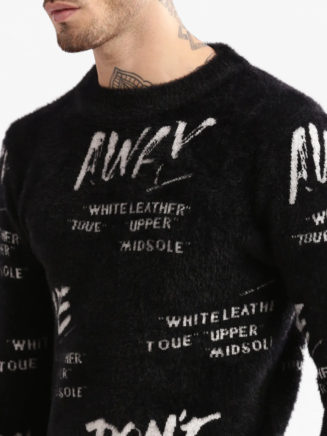 Men Round Neck Self Design Black Pullover