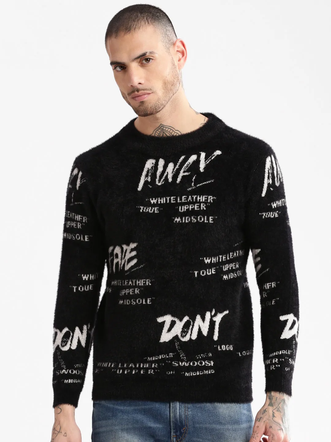 Men Round Neck Self Design Black Pullover