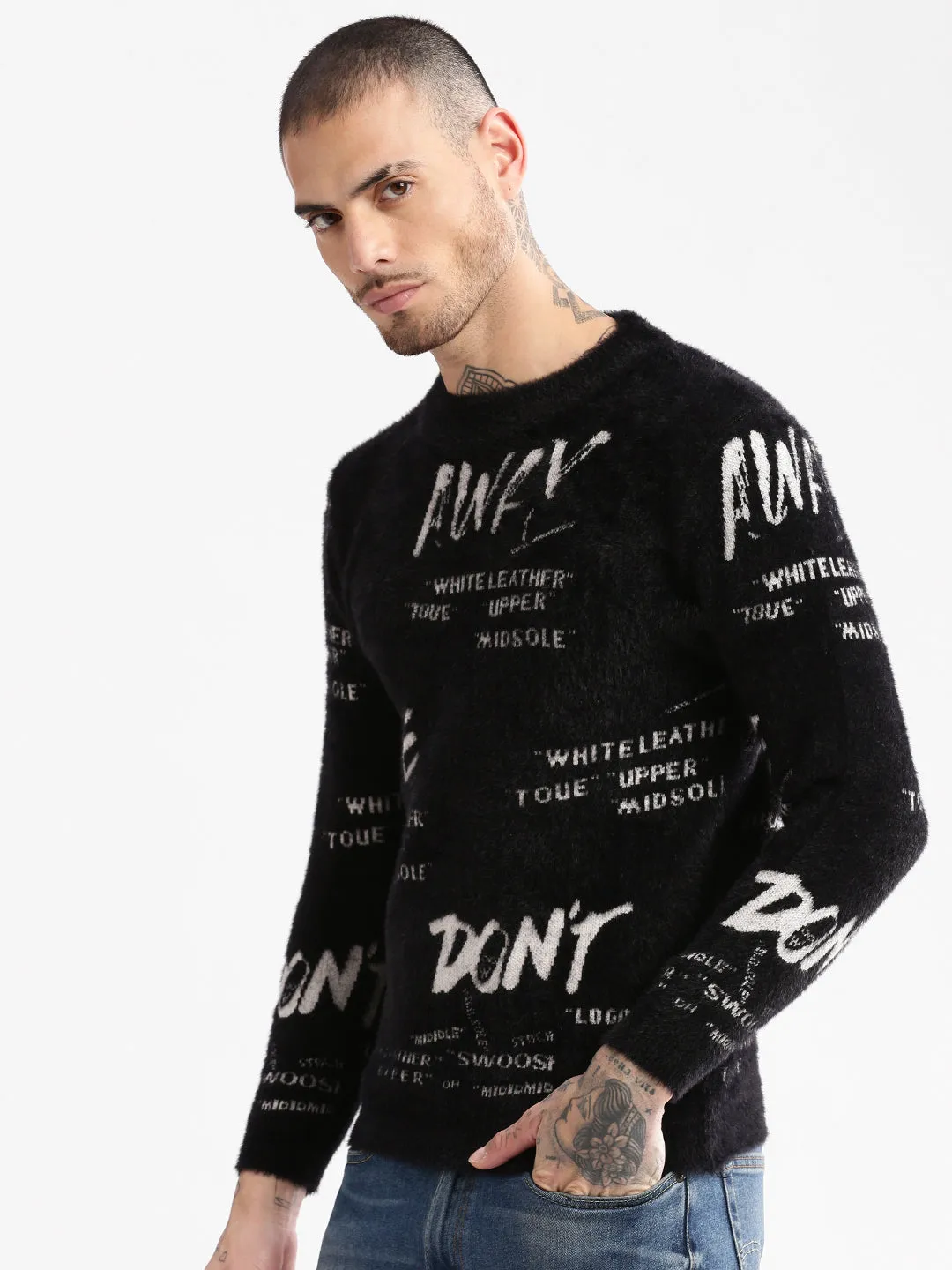 Men Round Neck Self Design Black Pullover