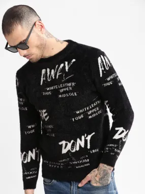 Men Round Neck Self Design Black Pullover