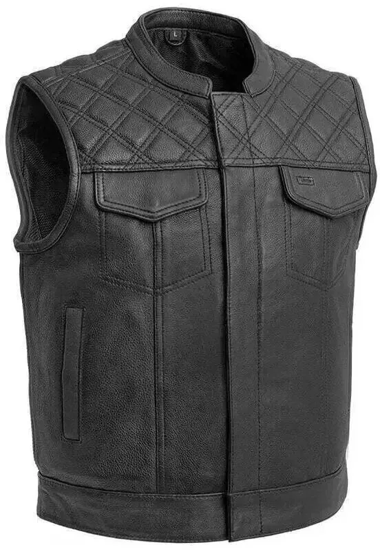 Men's Black Leather Motorcycle Vest with Diamond Stitch