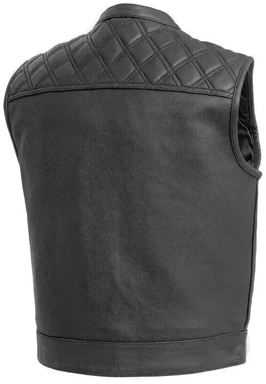 Men's Black Leather Motorcycle Vest with Diamond Stitch