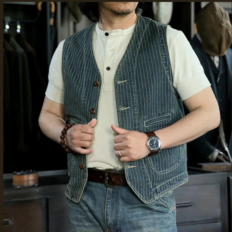 Men's Striped Denim Vest - Slim Fit Western Classic Style