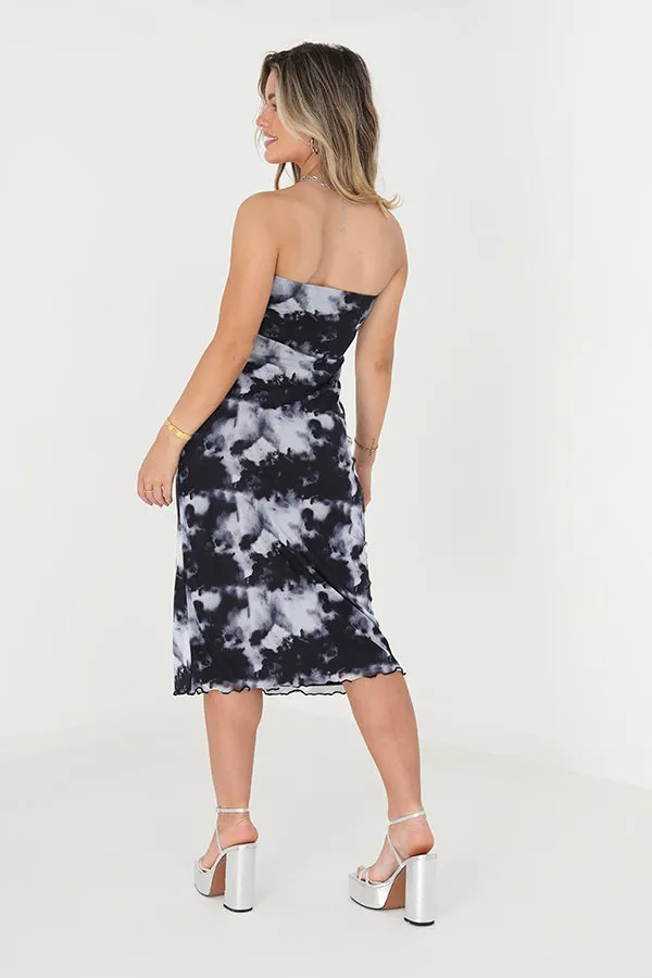 MESH BANDEAU MIDI DRESS WITH ALL OVER ABSTRACT PRINT