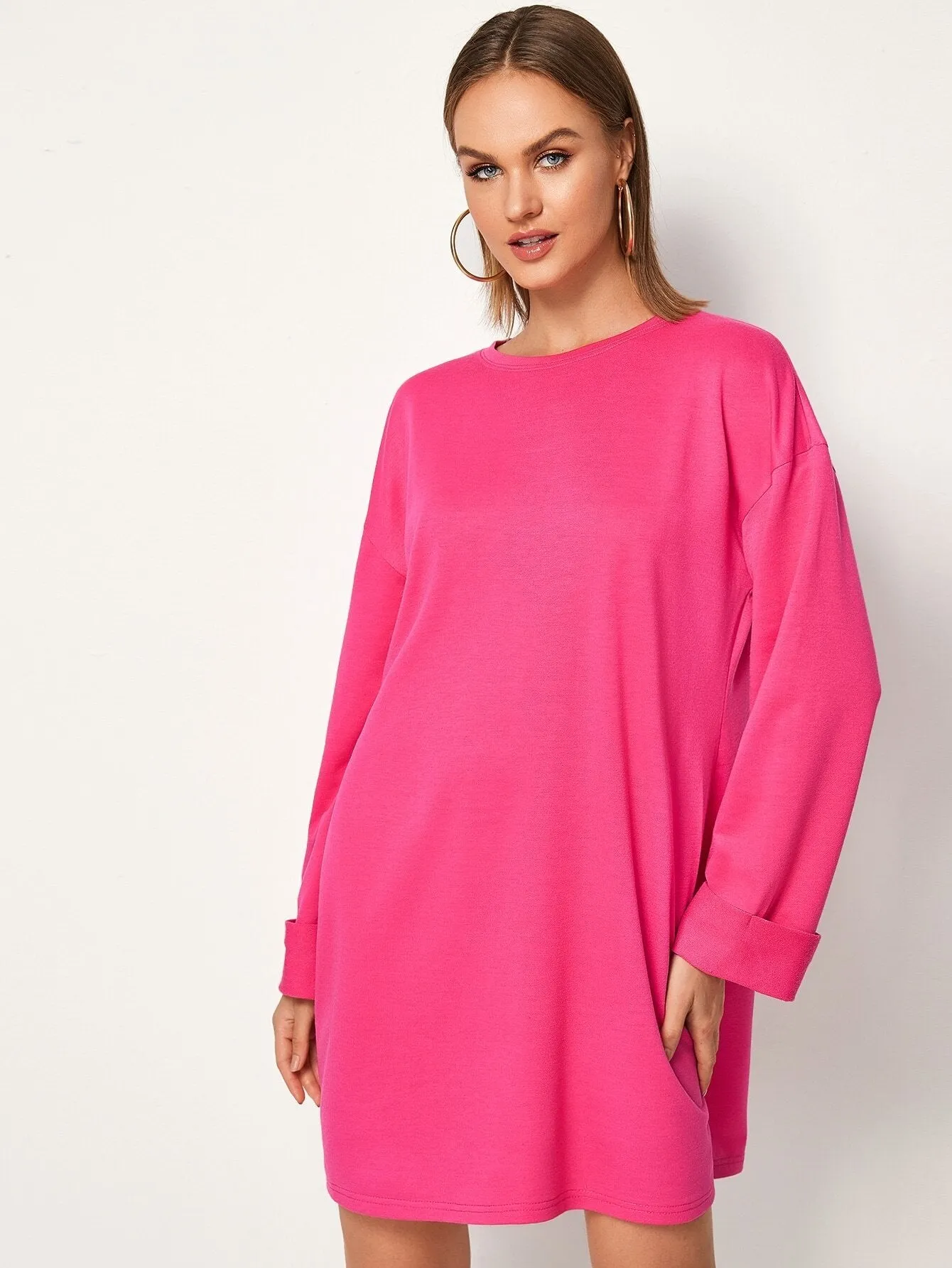 Neon Pink Drop Shoulder Sweatshirt Dress