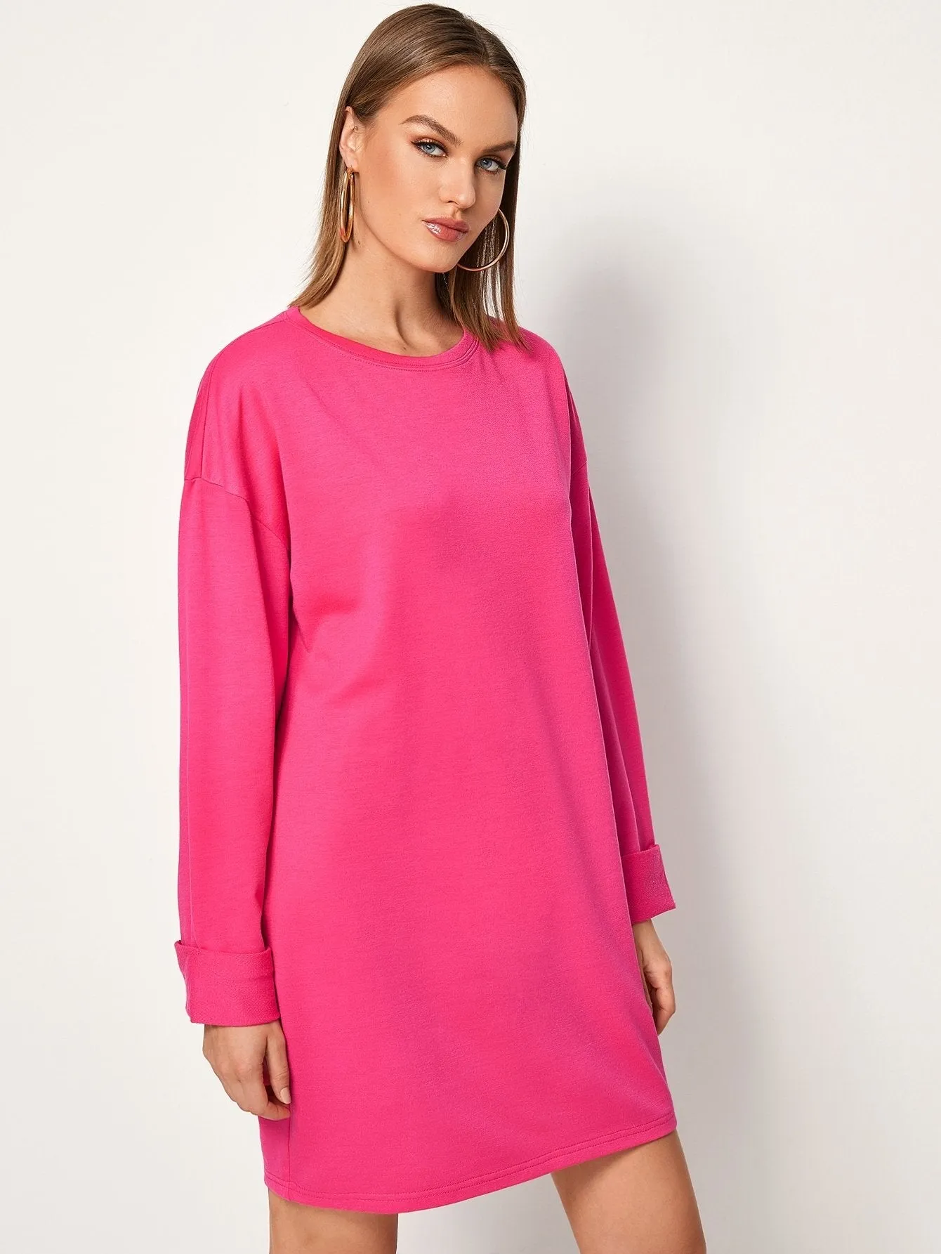 Neon Pink Drop Shoulder Sweatshirt Dress