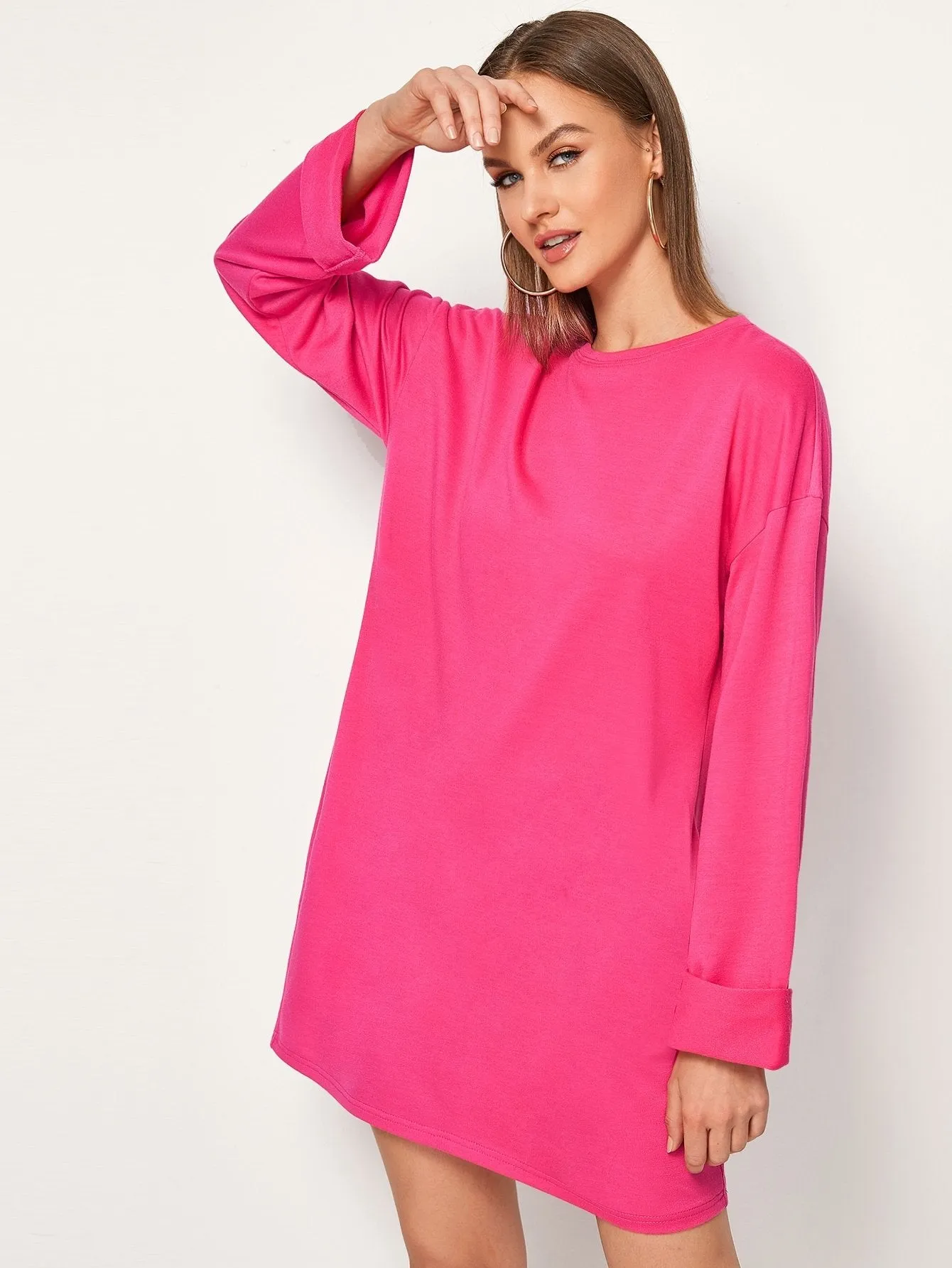 Neon Pink Drop Shoulder Sweatshirt Dress