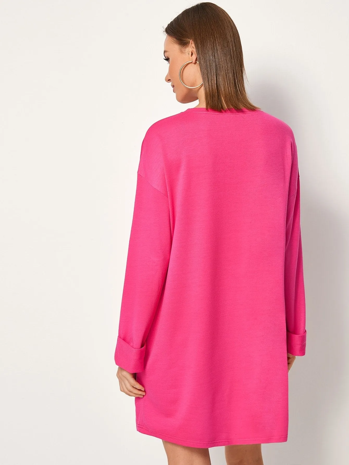 Neon Pink Drop Shoulder Sweatshirt Dress