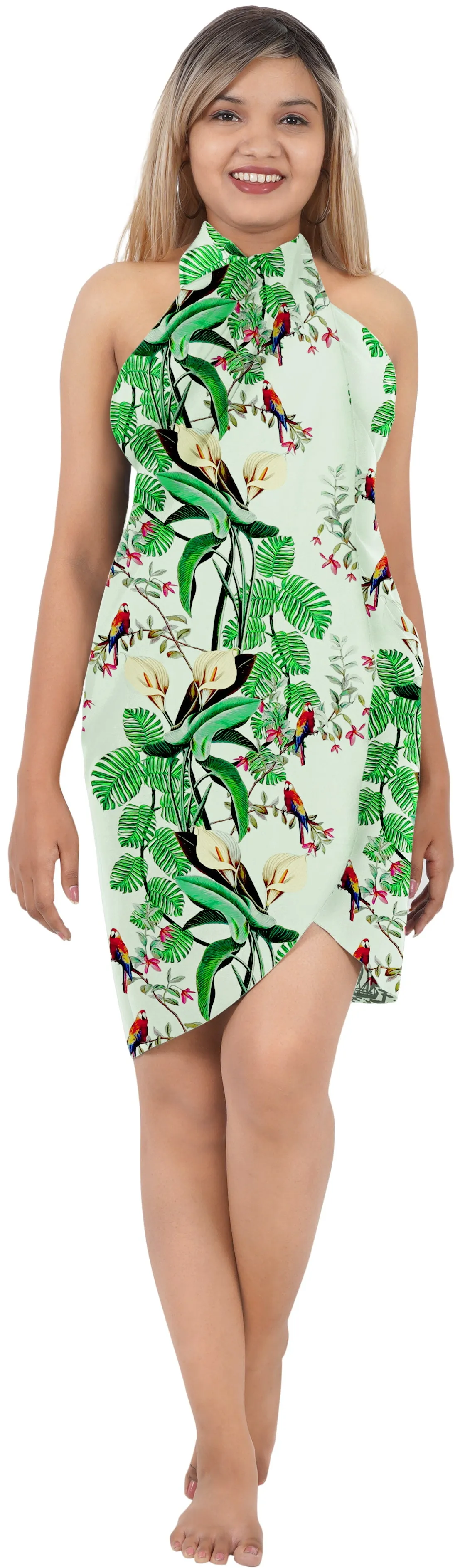 Non-Sheer Exotic Flowers Leaves and Parrot Print Green Beach Wrap For Women