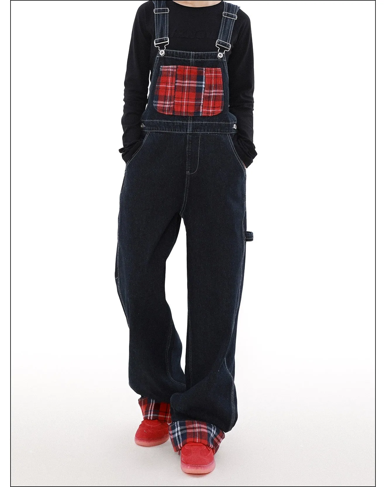 Plaid Stitched Rolled-Up Overall