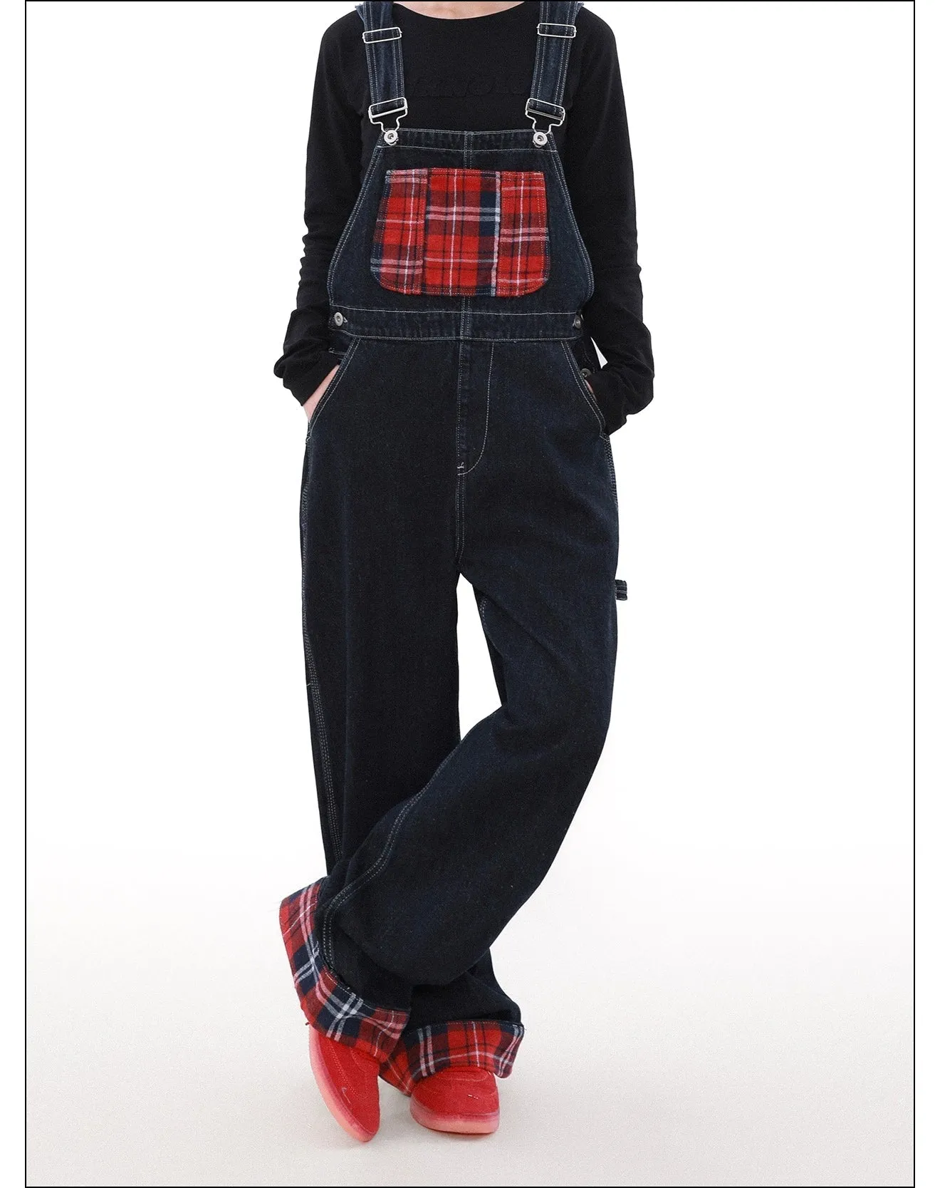 Plaid Stitched Rolled-Up Overall