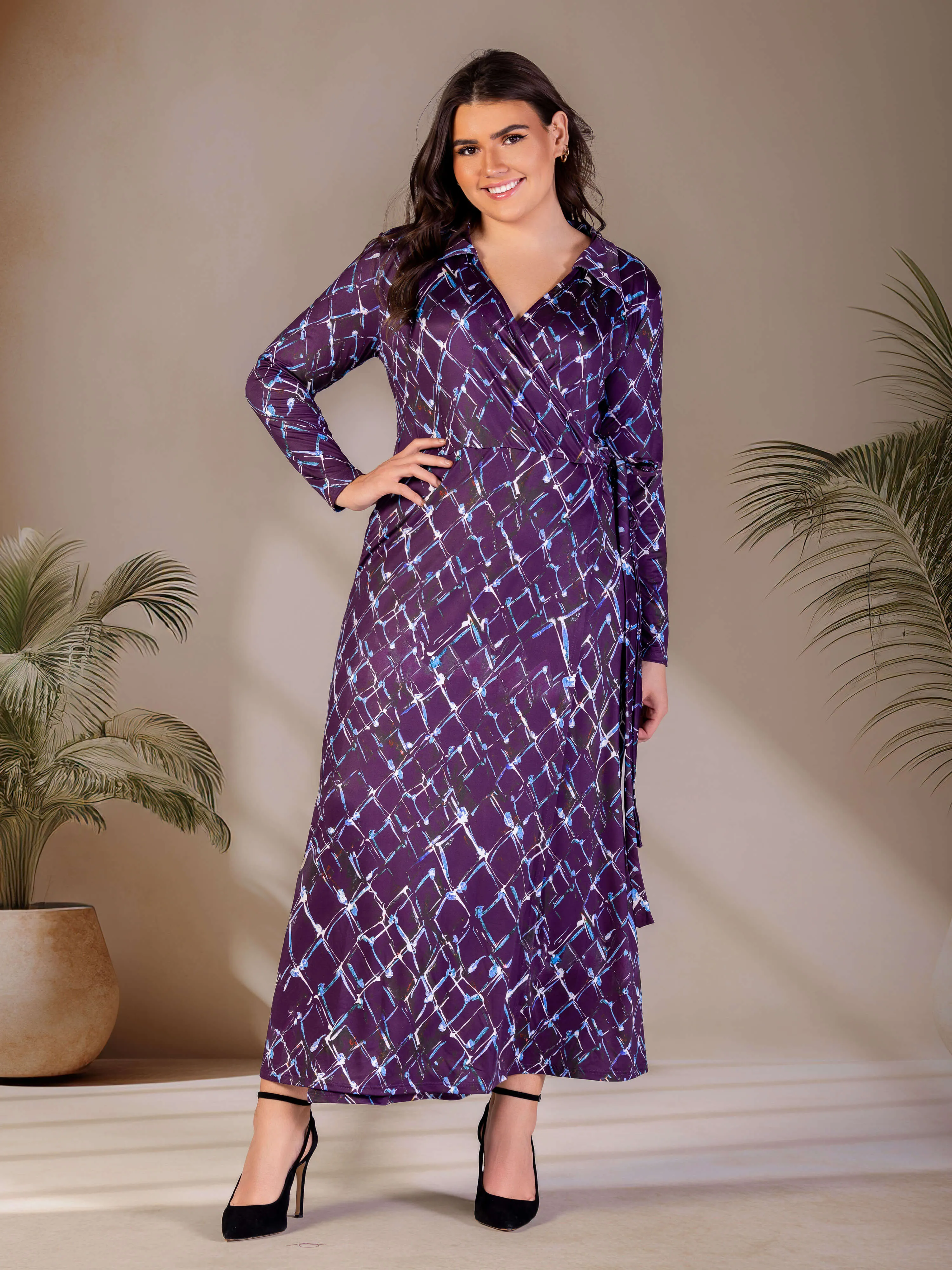 Plus Size Purple Print Collared Wrap Maxi Dress