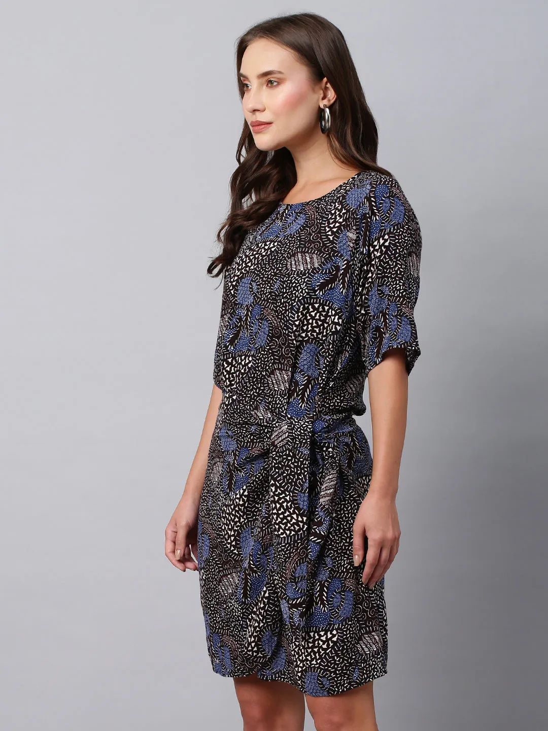 Printed Crinkle Rayon Faux Wrap Side Tie Dress