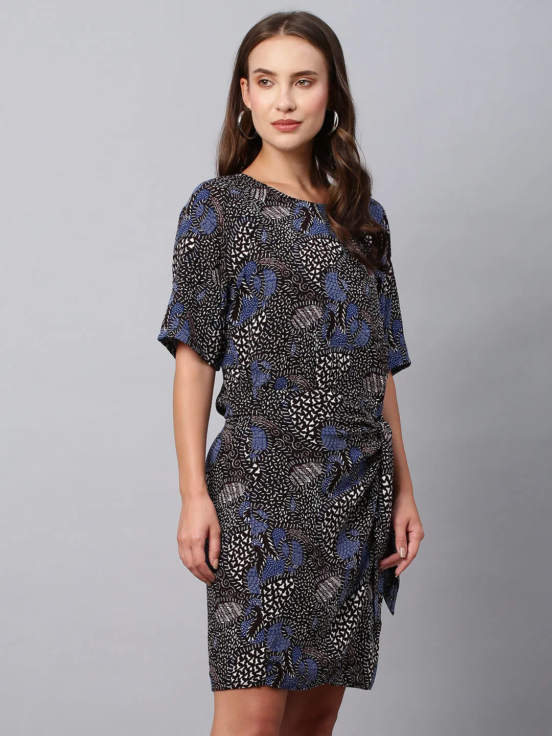 Printed Crinkle Rayon Faux Wrap Side Tie Dress