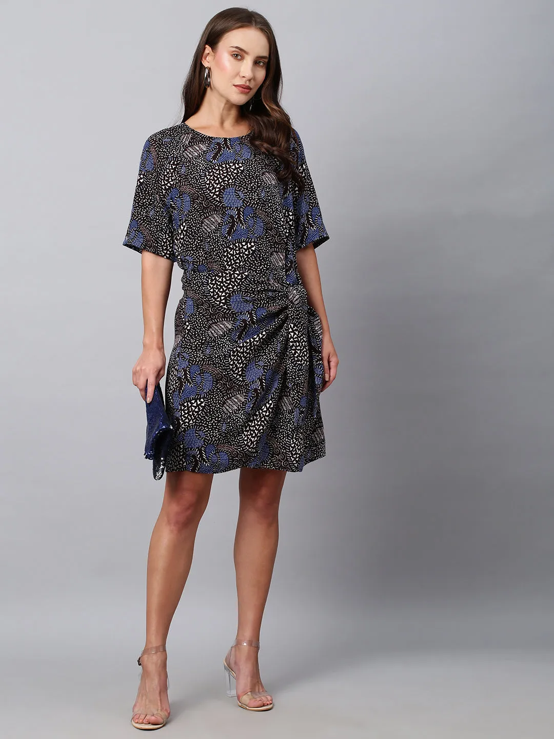 Printed Crinkle Rayon Faux Wrap Side Tie Dress