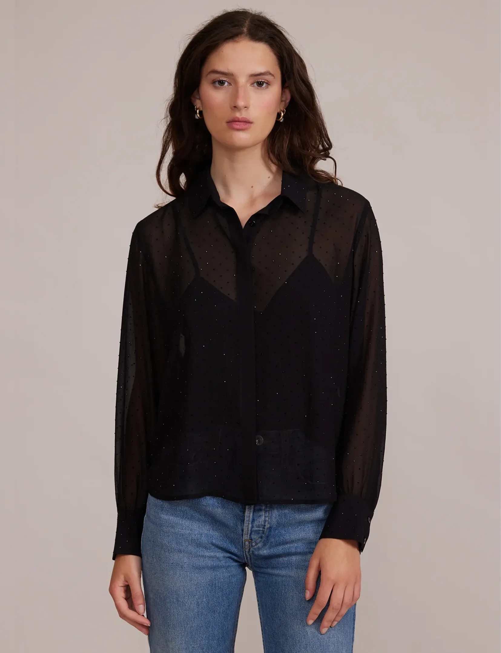 Rana Embellished Button Down, Black