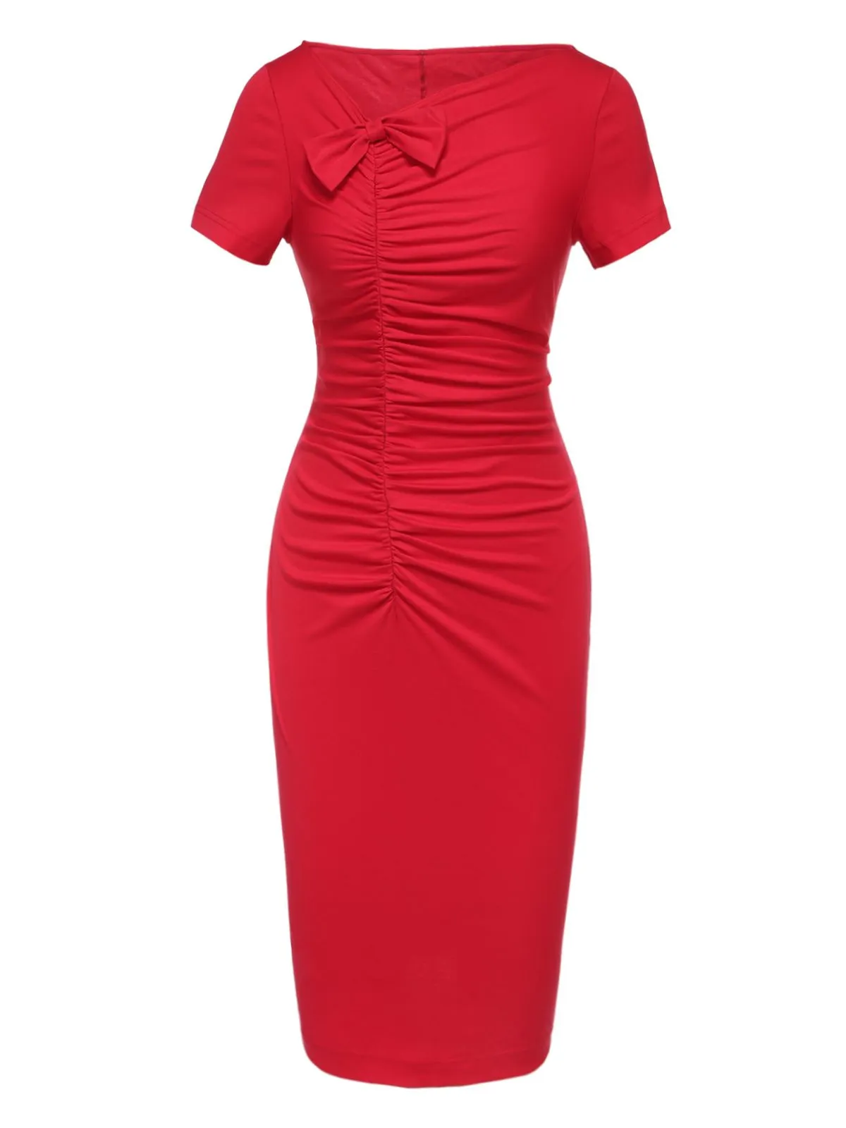 Red 1960s Shirring Bow Solid Wrap Dress