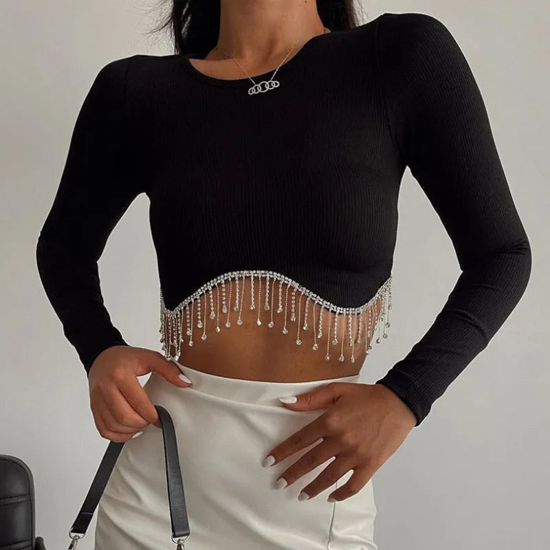 Rhinestone Tassel Long Sleeve Crop Top