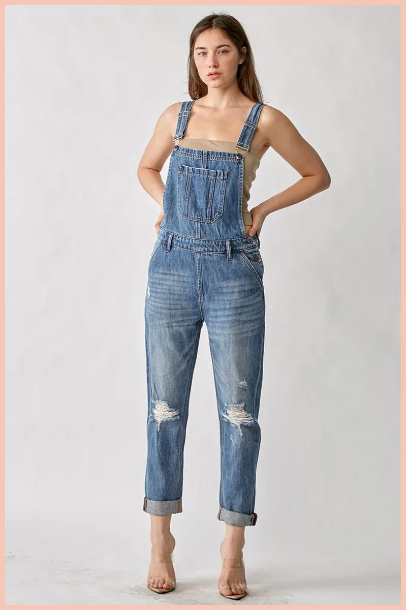 RISEN Distressed Relaxed Fit Overall Denim