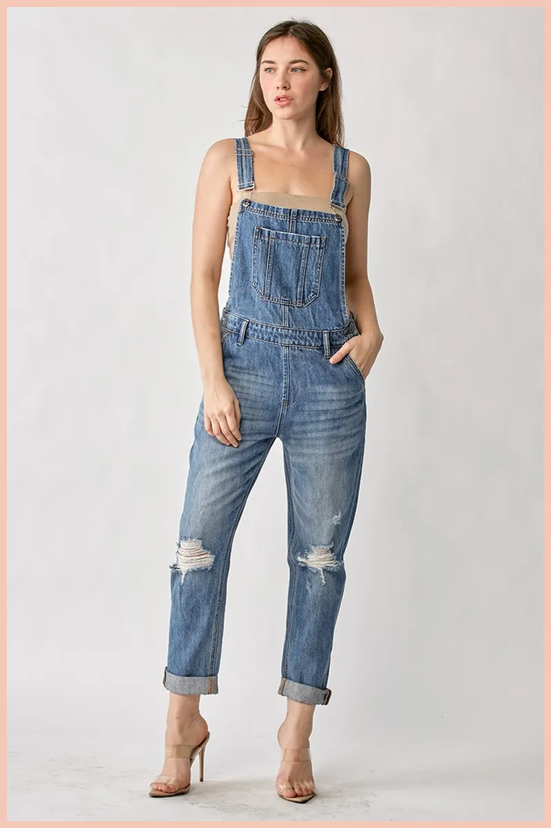 RISEN Distressed Relaxed Fit Overall Denim