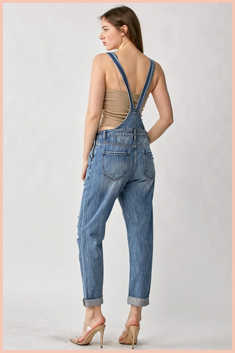 RISEN Distressed Relaxed Fit Overall Denim