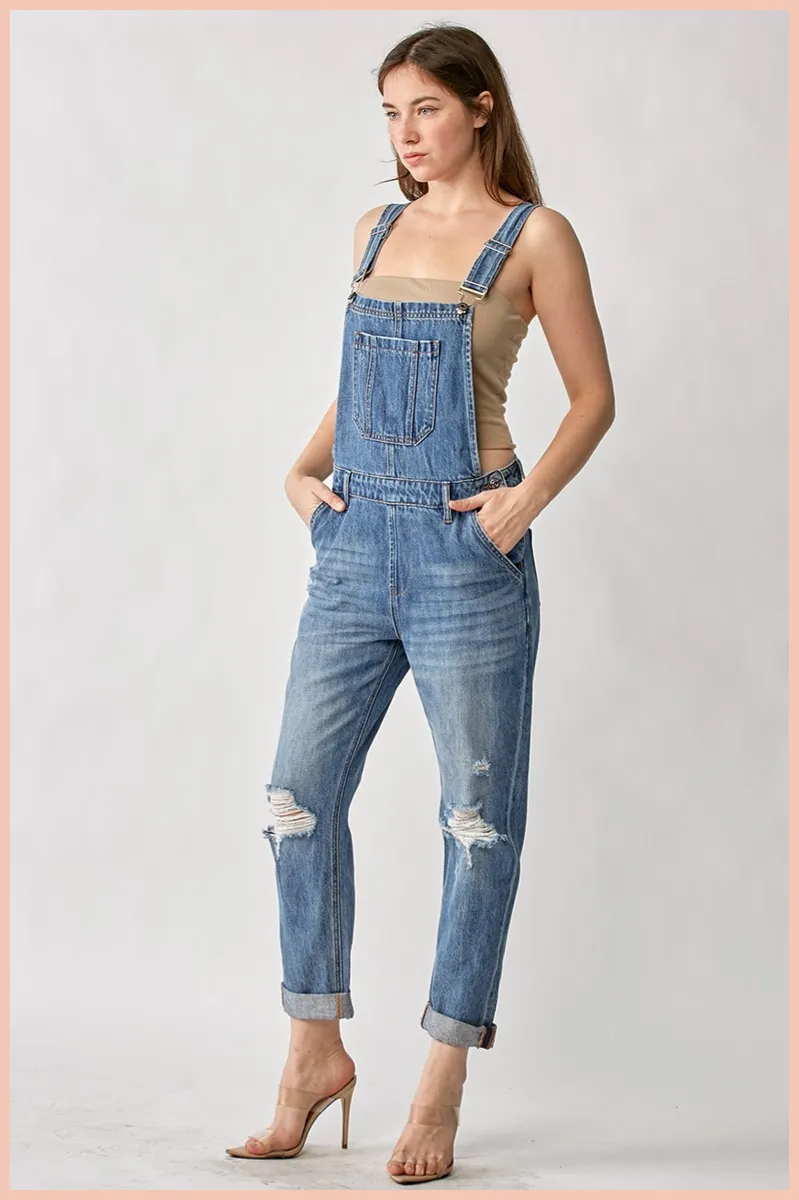 RISEN Distressed Relaxed Fit Overall Denim