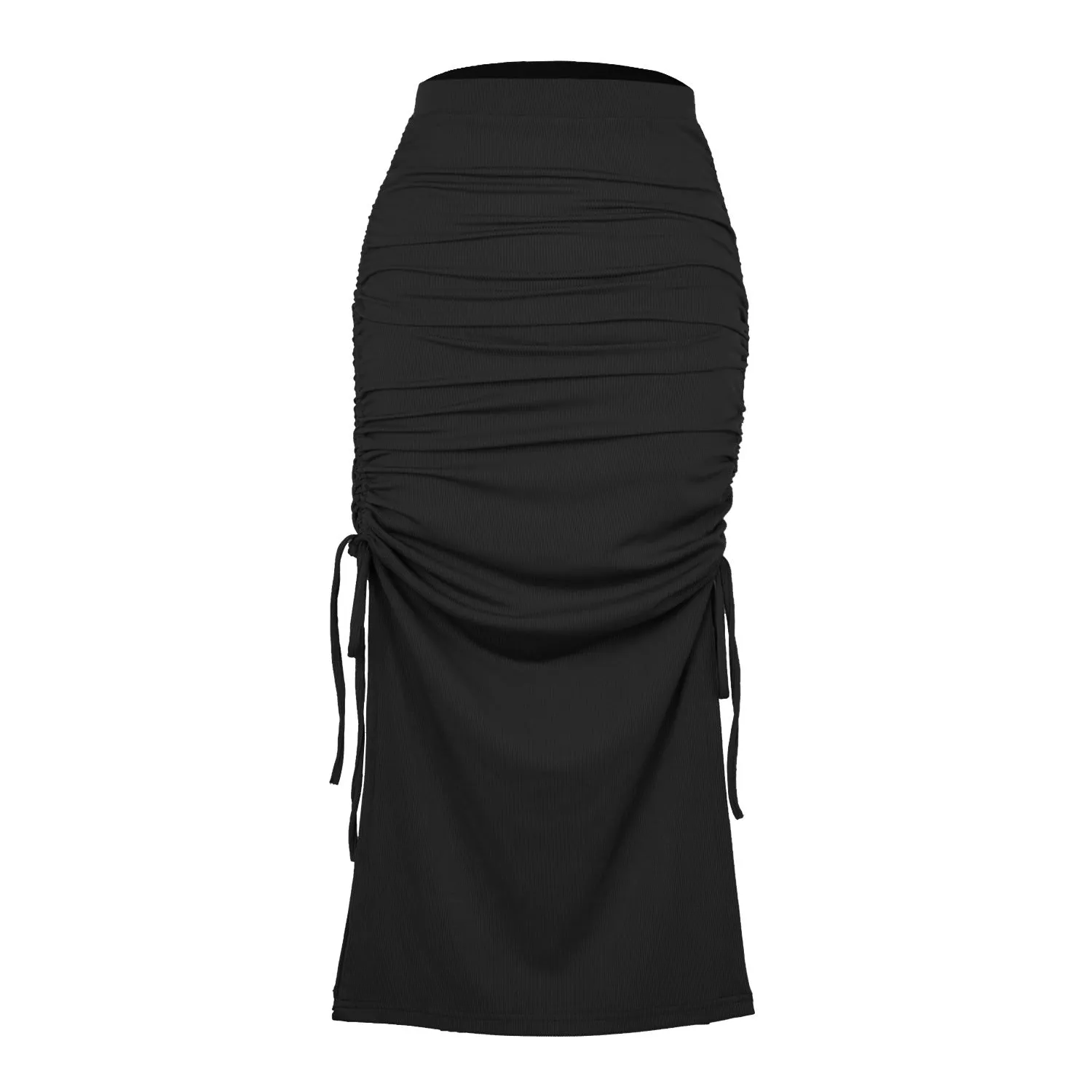 Ruched Drawstring Side Slit Midi Skirt