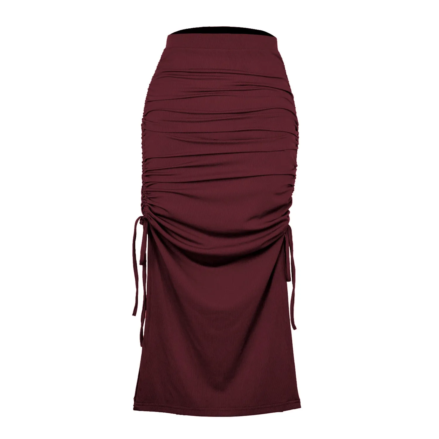 Ruched Drawstring Side Slit Midi Skirt